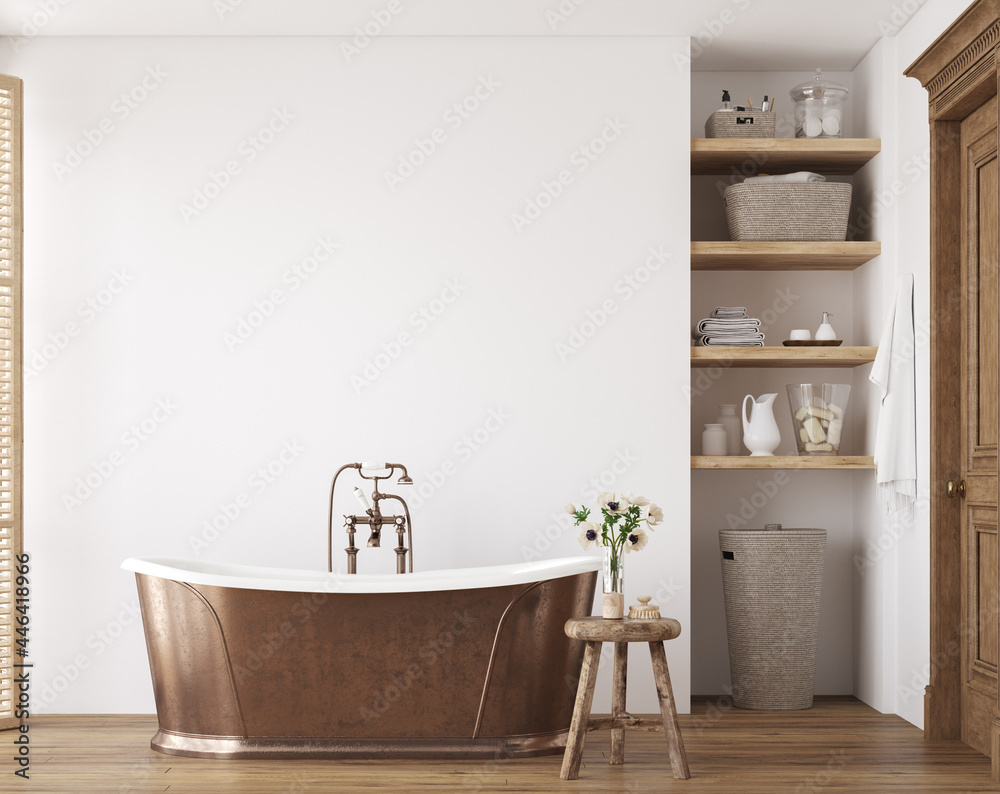 White cozy bathroom interior, farmhouse style, 3d render - obrazy, fototapety, plakaty 