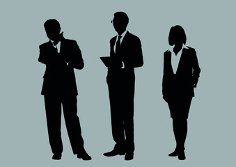 Wall Mural - Business people group silhouettes pose on grey colour background, flat line vector and illustration.