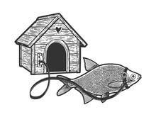 Fish Guard On Leash Near The Booth Line Art Sketch Engraving Vector Illustration. T-shirt Apparel Print Design. Scratch Board Imitation. Black And White Hand Drawn Image.