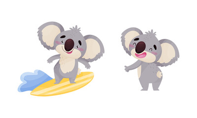 Wall Mural - cute gray koala bear surfboarding and standing vector set