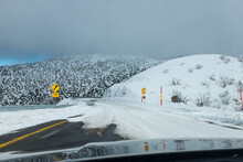 view from car of snow covered roads at Mt Hotham
