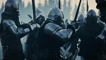 epic armies of medieval knights on battlefield clash, armored warriors fighting swords. bloody war, 