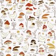 Seamless pattern with cartoon chickens and  cute cartoon mushrooms