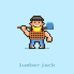 Wall Mural - colorful simple flat pixel art illustration of cartoon smiling lumberjack with a blonde beard in a black hat and a plaid shirt with an axe on his shoulders