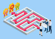 © Golden Sikorka - Isometric maze, labyrinth solution. Business team looking for solution in a maze. Challenge. Puzzle riddle logic game isometric concept. The path to the goal or success, teamwork and business strategy