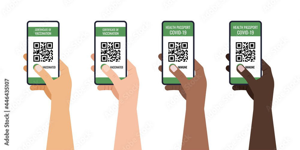 Green certificate of vaccination on mobile phone screen with qr-code pass check mark vaccinated. Health passport app travel protection in different skin color hands. Flat design vector illustration - obrazy, fototapety, plakaty 