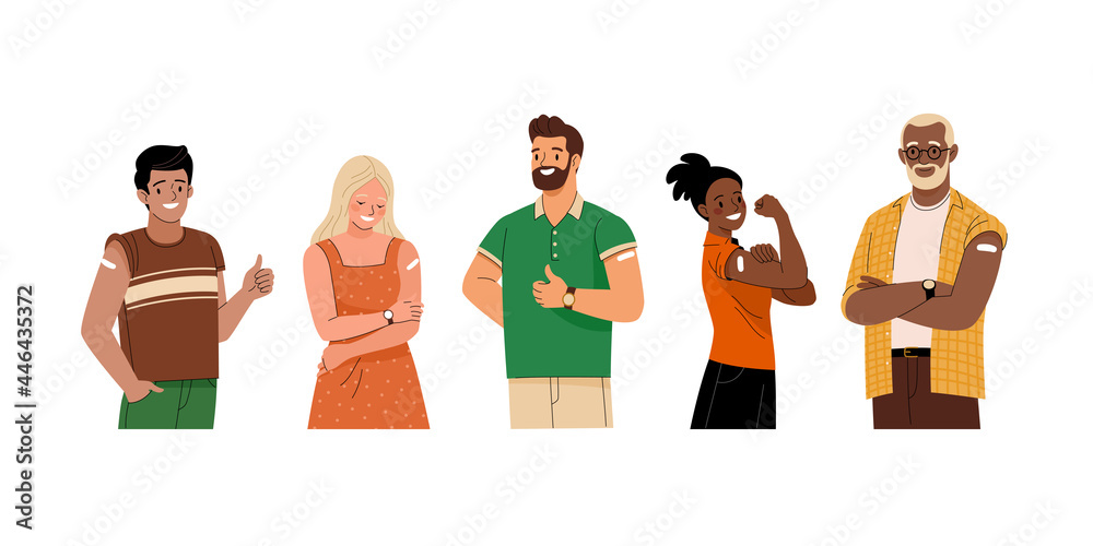 Group of vaccinated people. Vector illustration of diverse cartoon smiling men and women with with a patch on the shoulder. Isolated on white - obrazy, fototapety, plakaty 