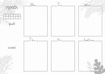 Wall Mural - Printable A4 paper sheet, minimalist  bullet journal page with blank week planner, goals, events on tropical leaves background. Stylish planner for daily planner template, blank for notebook.
