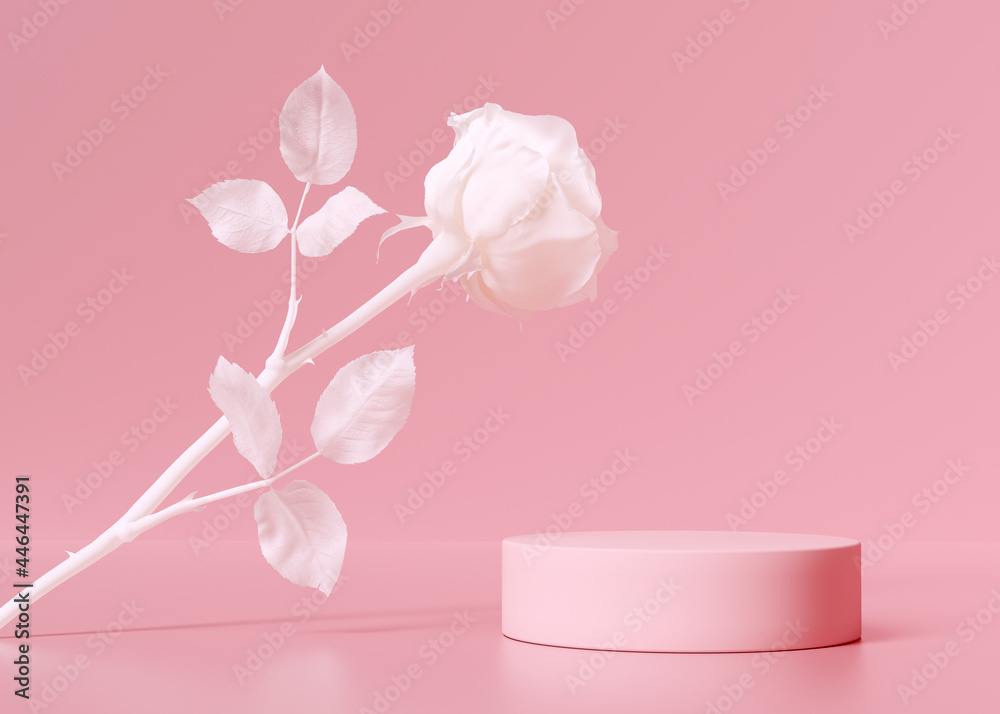 Cosmetic product display podium with abstract white cream color flower, floral minimal object placement scene 3d rendering - obrazy, fototapety, plakaty 