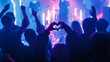 © Gorodenkoff - Person is Making a Heart Sign Gesture and Holding Hands Up at a Performance. Rock Band Playing a Song at a Concert in a Night Club on Stage with Bright Colorful Strobing Lights.