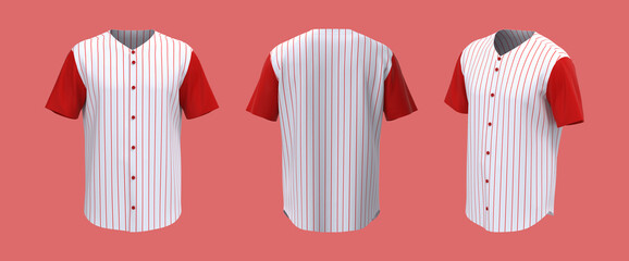 Baseball t-shirt mockup in front, side and back views, 3d illustration, 3d rendering