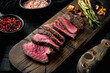 Grilled fillet beef steaks, with onion and asparagus, on wooden serving board, with meat knife and fork, on black wooden table background