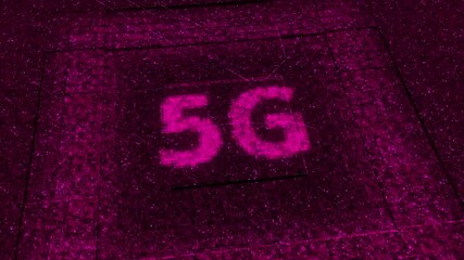 Poster - Computer circuit motherboard with 5G next generation mobile network chip. Animation. Energy impulses around 5G text of colorful particles.