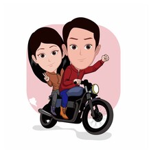 Cartoon Caricature Of A Couple Riding A Classic Custom Motorcycle