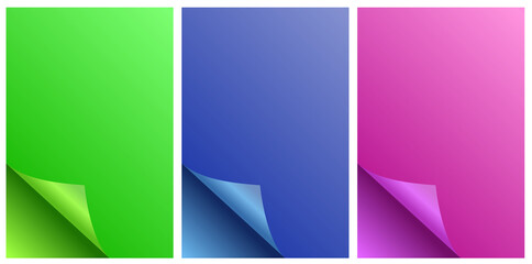 Paper with glossy shiny curled corner and shadow in green, blue and pink color.