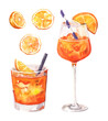 Watercolor hand painted Spritz cocktail glass with orange fruit simple sketch illustration on white background