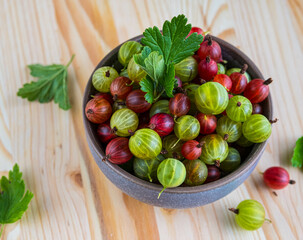 Red and green gooseberries in a ceramic bowl on a light wooden background. Cooking ingredients.