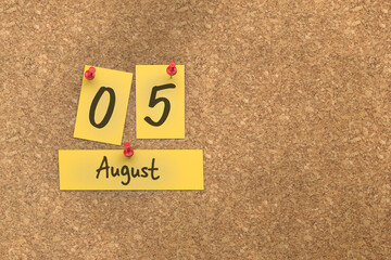 Fototapete - 3d rendering of important days concept. August 5th. Day 5 of month. The date written on yellow papers is pinned to the cork board. Summer month, day of the year. Remind you an important event.