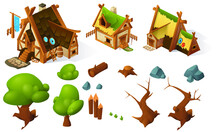 Cartoon Game Isometric Elements House Trees Stones