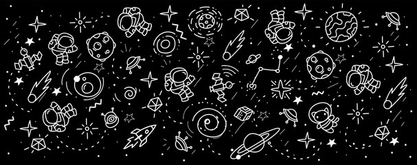 Wall Mural - vector abstract white and black kid space illustration, fun pattern with astronaut, star, planet