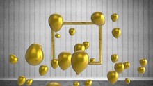 Animation Of Rising Gold Balloons And Confetti Over Gold Picture Frame, On Grey And White Stripes