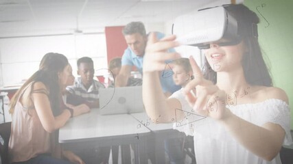 Poster - Animation of mathematical equations over woman wearing vr headset