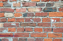 Old Weathered Red Brick Wall For Texture Or Background, Classic Rough Aged Brickwork, Vintage Masonry With Cement Mortar, Strong Uneven Surface, Above Close-up Wallpaper