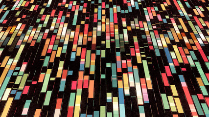 Poster - Abstract colorful different segments flowing on black background, seamless loop. Animation. Colorful lines resembling a simple video game interface.