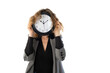 A woman holds a watch in front of her face. Isolated on white. Deadline, procrastination concept.