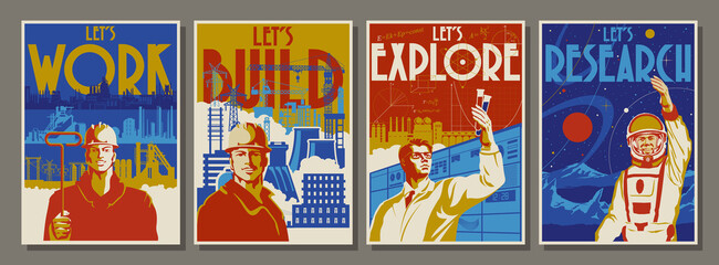 Sticker - Old Propaganda Posters Style Illustrations, Worker, Builder, Scientist and Astronaut, Industrial Backgrounds