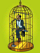 A Male Tenor Singer In A Bird Cage. Musical Voice Concept