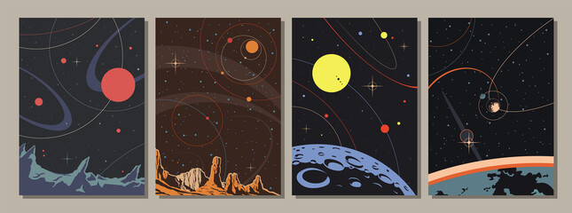 Wall Mural - Old Space Illustrations Style, Alien Planets, Stars and Satellites