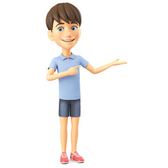 Wall Mural - Cheerful cartoon character boy in a blue shirt points to an empty palm on a white background. 3d render illustration.