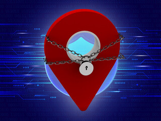 Fototapete - Red map pointer with security icon isolated ,3d rendering navigation point with chain and pad lock