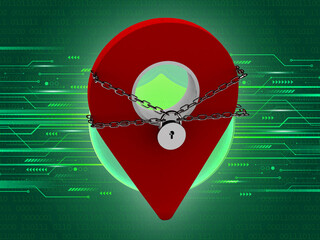 Fototapete - Red map pointer with security icon isolated ,3d rendering navigation point with chain and pad lock