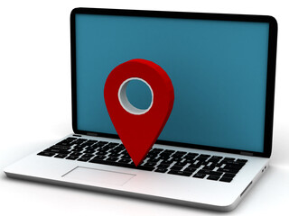 Poster - Online maps, gps navigation concept. Map pointer location on a computer laptop . 3d illustration
