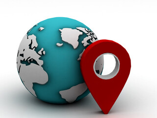 Fototapete - Earth globe with pin location . Search icon. World map icon. Navigation, marker, pointer symbol design. 3d illustration.