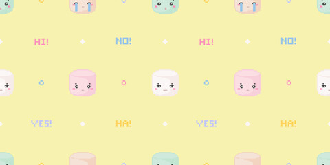 Wall Mural - Seamless pixel art cute pattern with marshmallows. Kawaii 8 bit marshmallows sweet pattern for textile, fabric, paper, decor. Simple cute yellow pattern with pixel sweets. Text - hi, ha, yes, no.