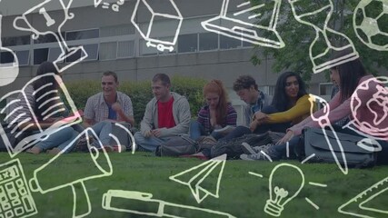 Poster - Animation of white school items icons over students