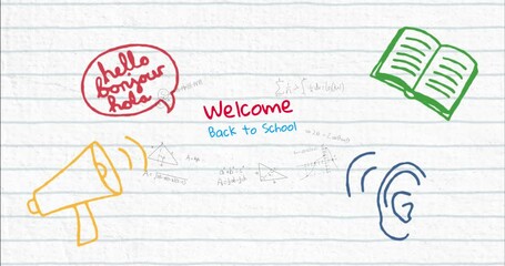 Poster - animation of welcome back to school text over school items icons