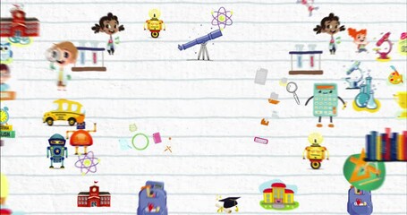 Poster - Animation of colorful school items icons on white background