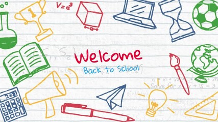 Poster - Animation of welcome back school text and colorful icons on white background