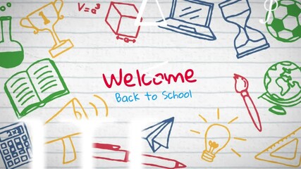Poster - Animation of welcome back school text and colorful icons on white background