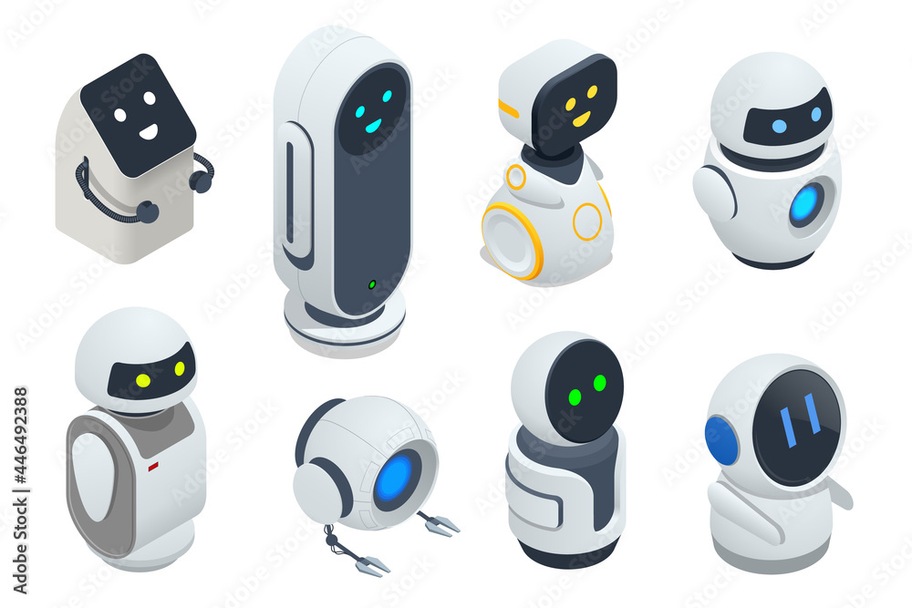 Isometric Set of Modern Robots Isolated On Background. Little Minimal ...