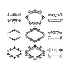 Vintage outline wedding ornament set design isolated on white background