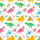 Fototapeta Dinusie - Seamless pattern with colorful cartoon dinosaurs.
