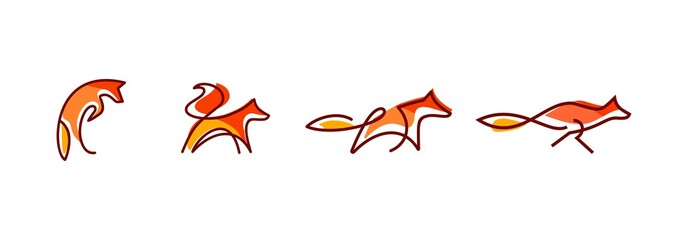 Wall Mural - fox wall art design, line art of abstract orange fox jumping and running, minimal foxes line logo set collection illustration isolated on white background