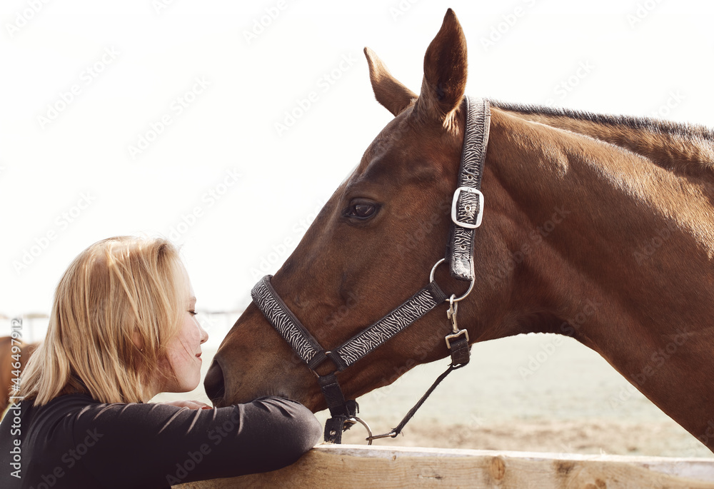 Girl kissing a horse - rural scene in soft colors - obrazy, fototapety, plakaty 