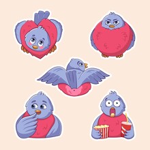 Vector Set Of Cute Funny Various Stickers Of Bird Bullfinchs. Different Emotions, Various Poses. Colored Trendy Illustration. Flat Design. All Elements Are Isolated. Pre-made Stickers