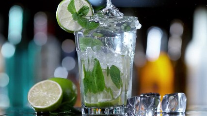 Aufkleber - Super slow motion of falling ice cube into mojito drink, camera movement. Speed ramp effect. Filmed on high speed cinema camera, 1000 fps.